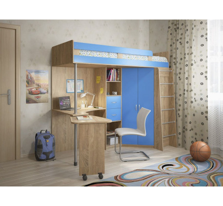 Кровать-чердак Милана-5 со шкафом и столом, спальное место 200х800 см